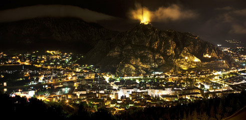 Turkey. Amasya. General view of the city by night with illuminated rock tombs of the Pontus kings on the rock faces