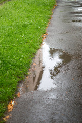 Fototapeta na wymiar Summer rain did create puddles on the wet asphalt. View on the wet asphalt, puddles and green fresh grass that is washed by the rain.