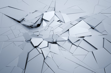 Abstract 3d rendering of cracked surface. Background with broken shape. Wall destruction. Explosion with debris. 