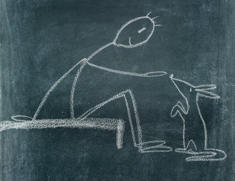 blackboard drawing / Chalkboard drawing with a man who is feeding an animal