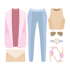Set of trendy women's clothes. Outfit of woman vest coat, blouse, panties and accessories. Women's wardrobe. Vector illustration