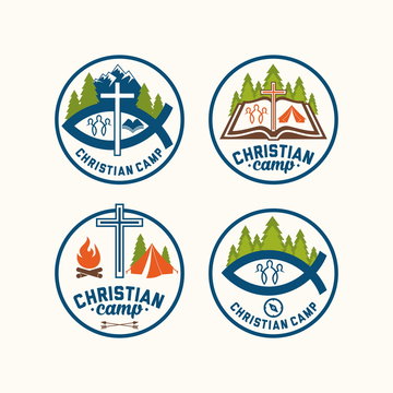 Set of logo christian camp. Summer bible camp.