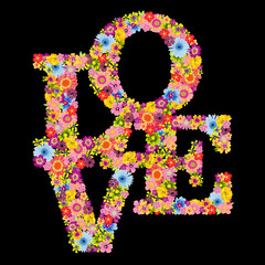 Word love shaped flowers on black background
