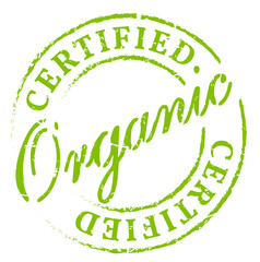 Green organic certified stamp. Eco product symbol, disstressed natural rubber stamp on white background. Sign of product fresh and healthy nature.