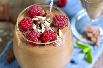 Chocolate mousse with raspberry.