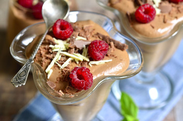Chocolate mousse with raspberry.