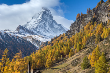autumn panorama of Mount Matterhorn, Canton of Valais, Switzerland  - obrazy, fototapety, plakaty