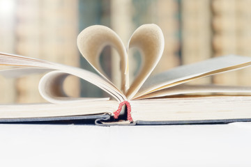 Open book on wooden sill and window place. City views.