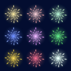 Set of multi-colored festival fireworks against a dark background for use in your design.