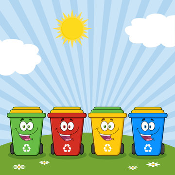 Four Color Recycle Bins Cartoon Character On A Sunny Hill