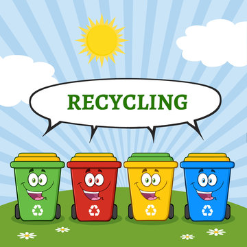 Four Color Recycle Bins Cartoon Character On A Sunny Hill With Speech Bubble And Text Recycling