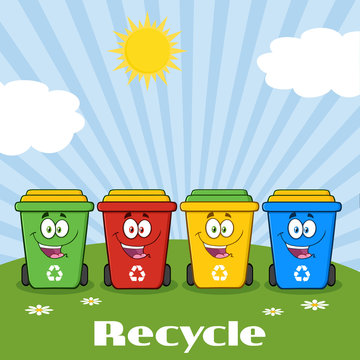 Four Color Recycle Bins Cartoon Character On A Sunny Hill With Text Recycle