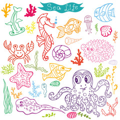 Cartoon Funny Fish, Sea Life  Doodle linear se