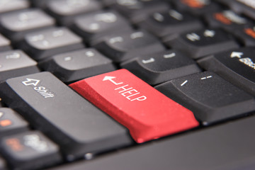 Red Help Key Button on Keyboard, closeup - obrazy, fototapety, plakaty