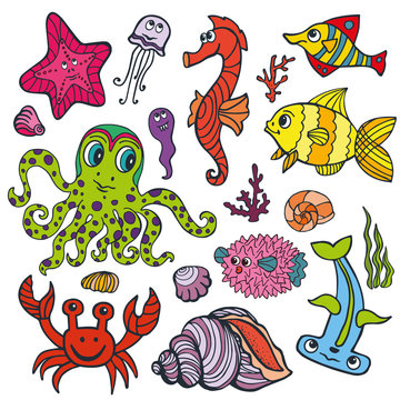 Cartoon Funny Fish, Sea Life .Colored Doodle set