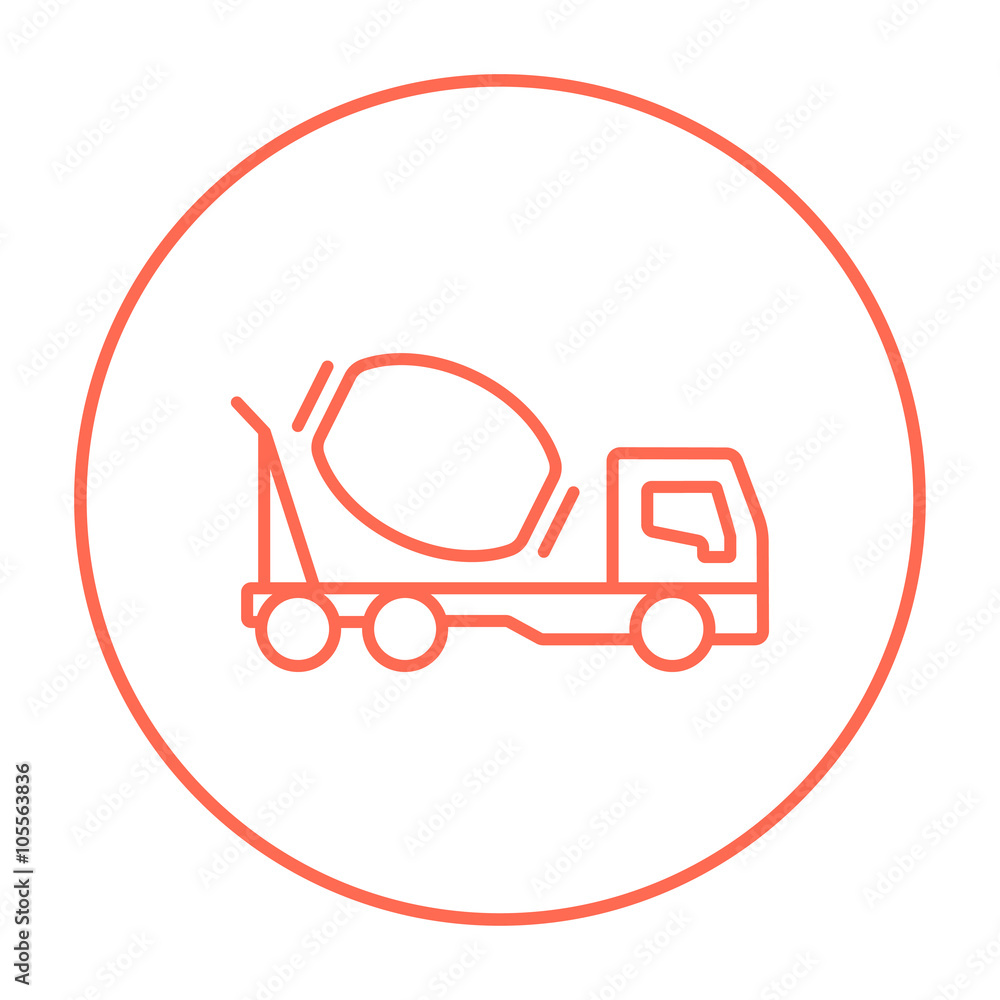 Sticker concrete mixer truck line icon.