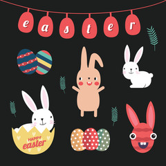 Easter Day Holiday Bunny Rabbit Egg Greetings, Modern Flat Vector illu