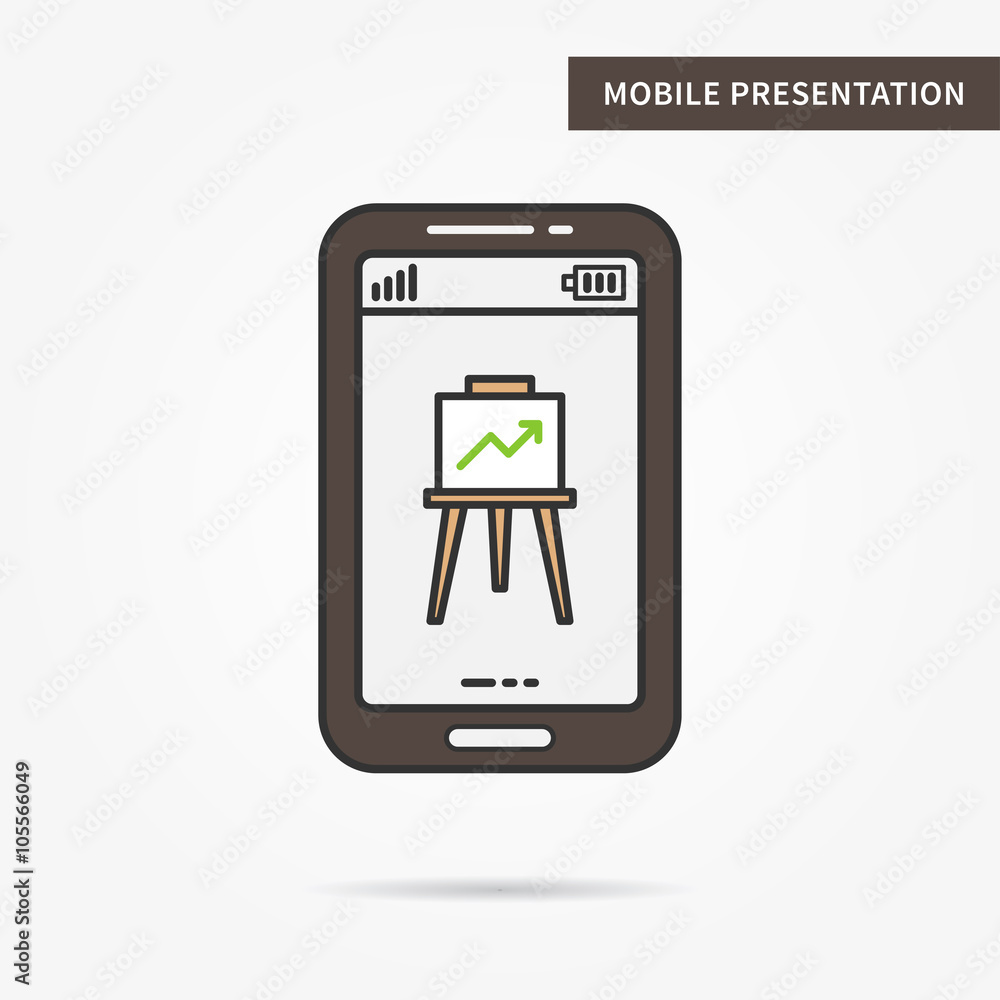 Poster linear mobile presentation app. flat phone graph chart app. mobile web powerpoint presentation techn