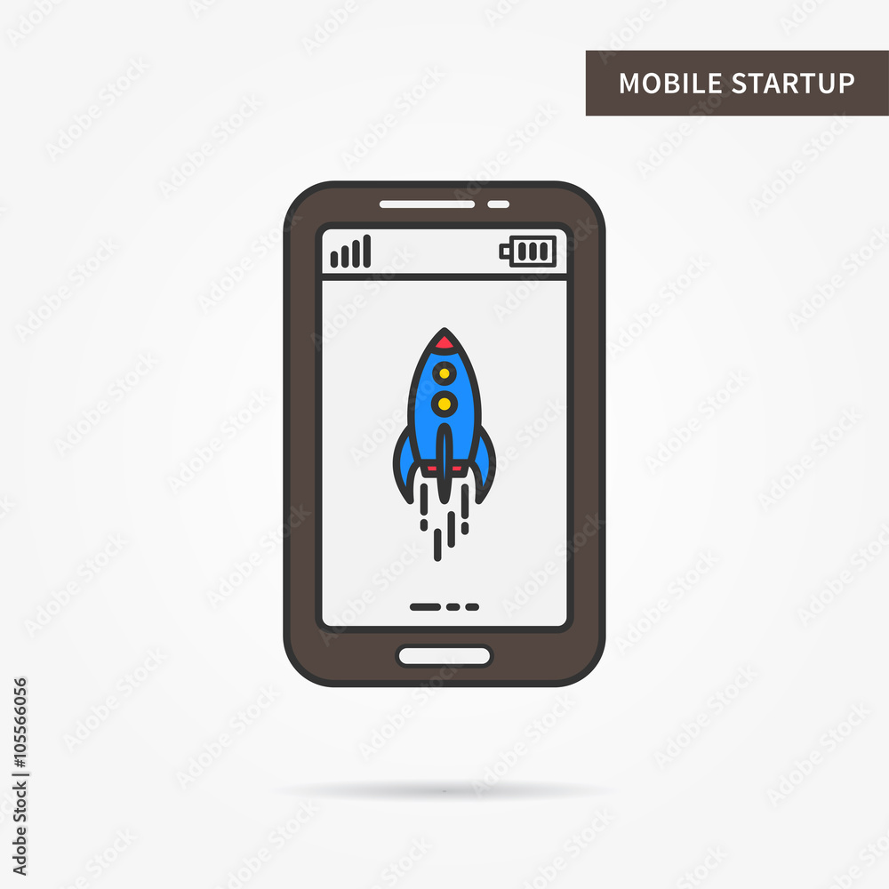 Poster linear mobile startup. flat phone space ship launch app. mobile web start up technology symbol. crea