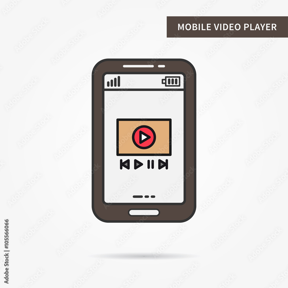 Poster linear mobile video player. flat phone online video app. mobile web video technology symbol. creativ