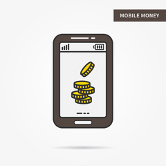 Linear mobile money. Flat phone gold money coin app. Mobile web personal finance technology symbol. Creative mobile dollar coin graphic design. Vector yellow money software illustration.