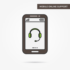 Linear mobile online support. Flat phone online support (help, support, assistance) app. Mobile web support technology symbol. Creative mobile helpline (headset) graphic design. Vector illustration.