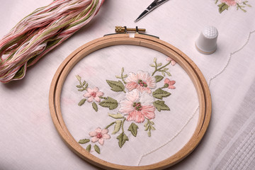 Forgotten craft embroidery. The cloth, thread, needle, thimble, scissors