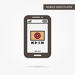 Linear mobile video player. Flat phone online video app. Mobile web video technology symbol. Creative mobile video media player (window, interface) graphic design. Vector video software illustration.