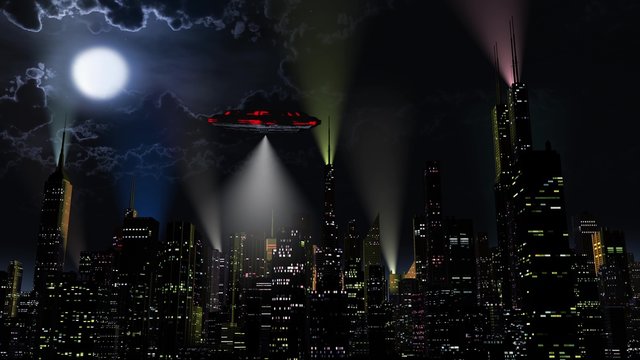 UFO over Modern Vivid Color City at Night 
Cinema 4096x2304 ultra high definition