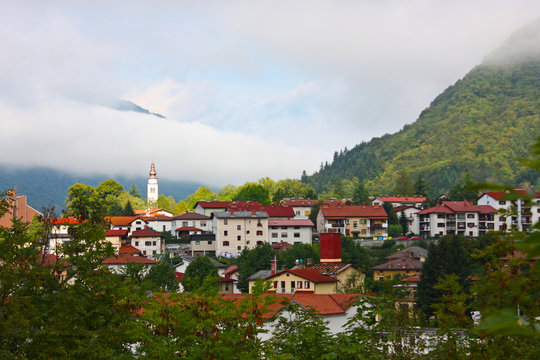 Small town Tolmin in the Alps taken in summer in Slovenia