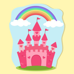 Fototapeta premium Cute Pink Fairytale Pincess Castle Vector Illustration in Rainbow Sky Background