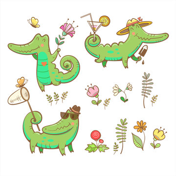 Cartoon crocodiles set. Summer time. Butterflies and flowers. Ice cream and cocktails. Vector image.