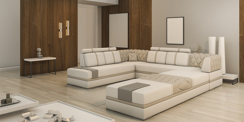3d rendering long beautiful warm tone living room