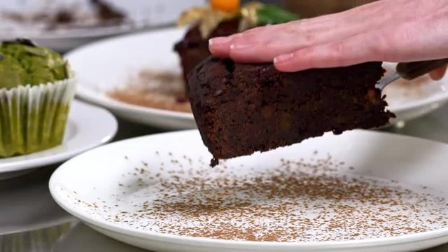 Amazing delicious chocolate cake. Close up. Slow motion