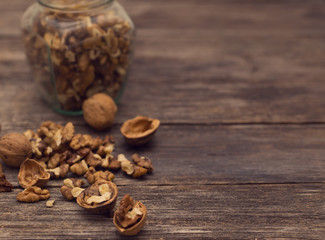 walnuts on rustic old wooden table