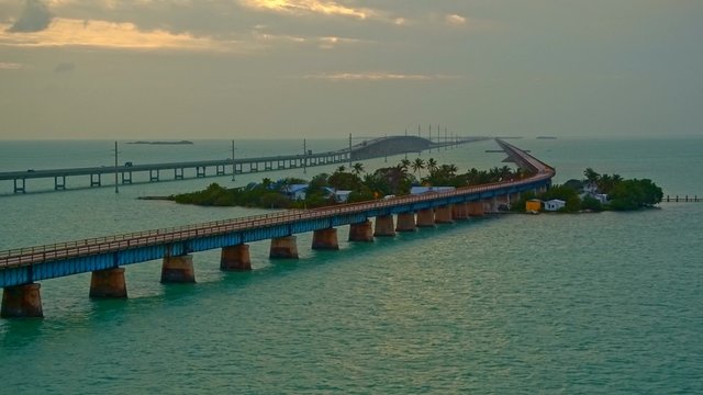 Iconic aerial view of seven mile bridge at sunset on a windy day