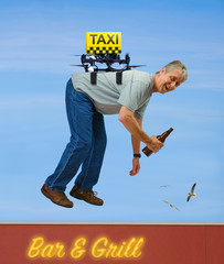 Humorous image of a drone taxi flying through the air carrying a drunk man over a Bar & Grill where he was drinking liquor with birds in the sky background. Don’t drink and drive. Call a drone taxi!