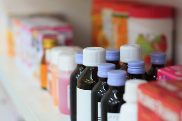 medicine bottles in the pharmacy