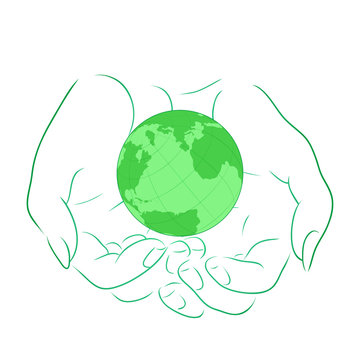 Vector illustration with the outline of female hands with planet