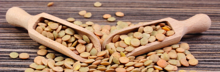 Heap of green lentil with spoon on wooden background