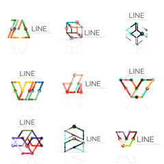 Set of linear abstract logos, connected multicolored segments lines in geometrical figures