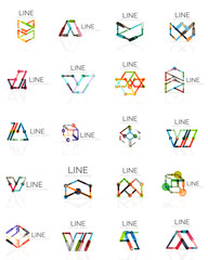 Set of linear abstract logos, connected multicolored segments lines in geometrical figures