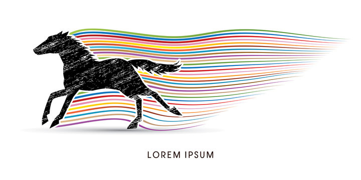 Horse running, designed using grunge brush with rainbow line graphic vector.
