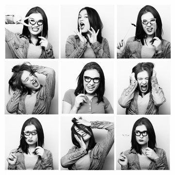 Collage of woman different facial expressions.Studio shot.
