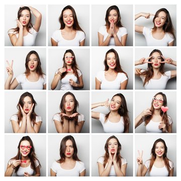 collage of woman different facial expressions
