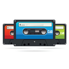 Three isolated colored vector vintage audiotapes
