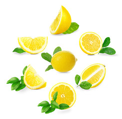 Set of  fresh lemons with leaves, isolated on white