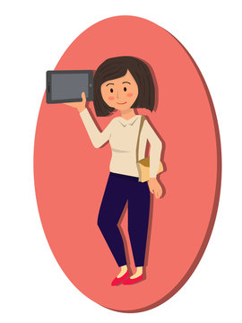 recommend clip art: A woman holding tablet in pink background.