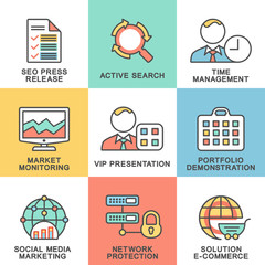 Modern SEO contour icons of web marketing, e-commerce.