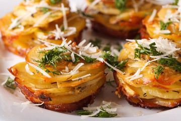 Baked potato with cheese and dill close-up on a plate. horizontal
